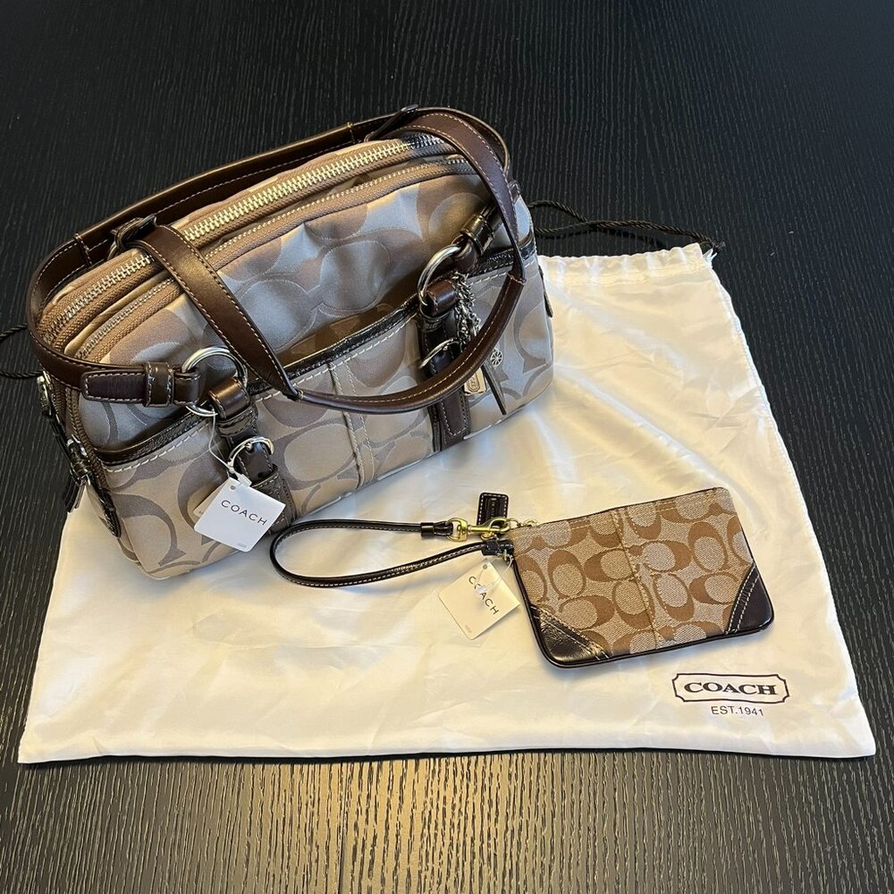Coach Signature Satchel (Khaki/Mahogany/Silver) & Wristlet (Khaki/Mahogany/Gold)